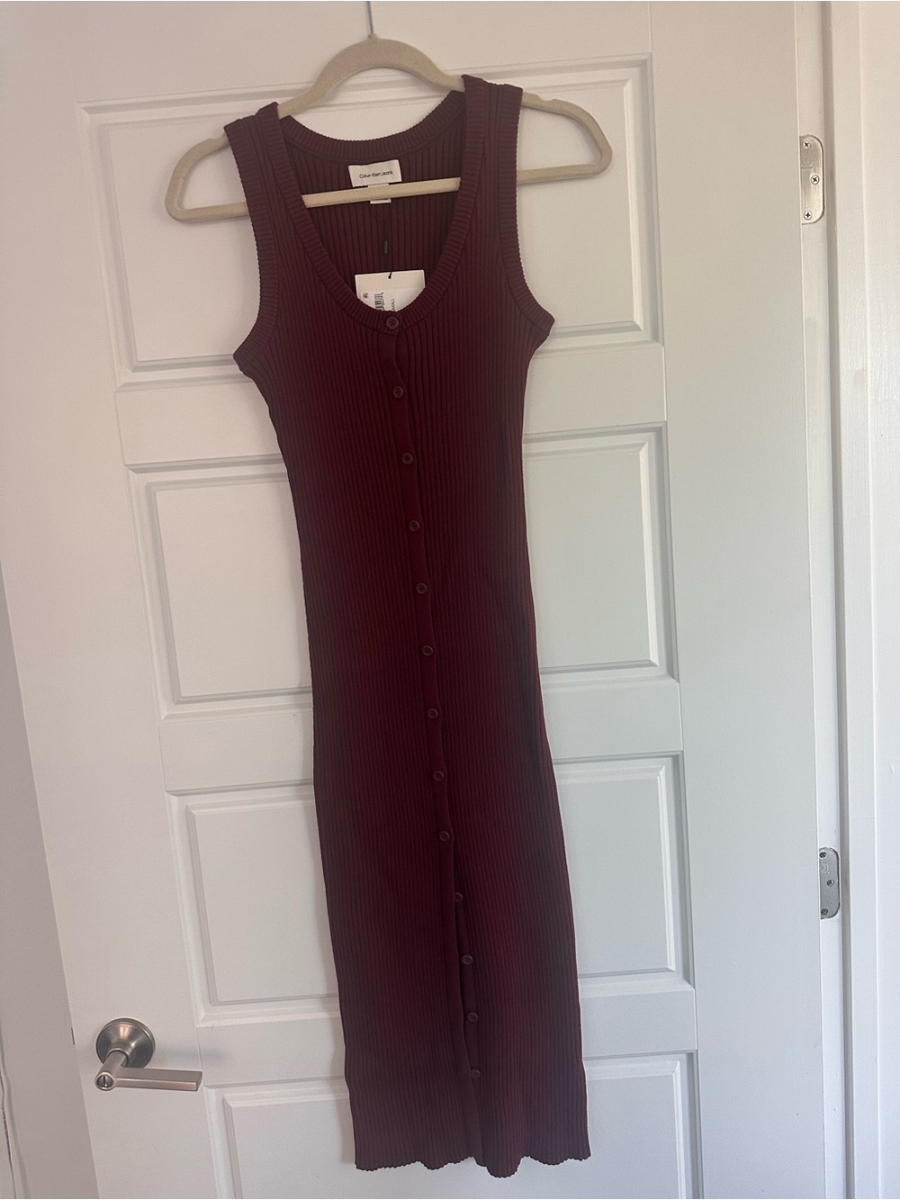 Calvin Klein Ribbed Button-Front Tank Dress in Burgundy